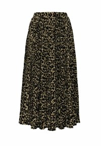 Maxi-nederdel med leopardmønster og plisseret design, med en sort og tan farveskema og en elastisk talje for komfort.