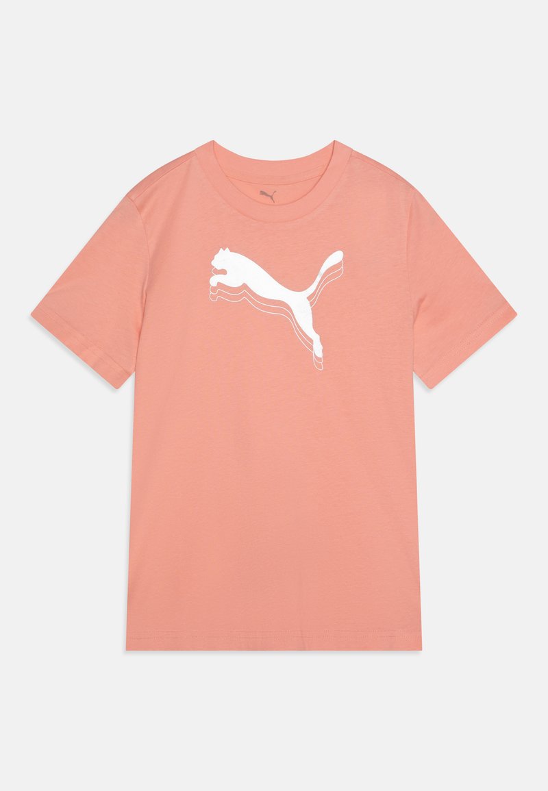 Ανοιχτό ροζ μπλουζάκι φτιαγμένο από βαμβάκι. Διαθέτει λευκό λογότυπο Puma με σχέδιο ενός πηδηχτού γάτου. Έχει κοντά μανίκια και στυλ γύρου στο λαιμό.