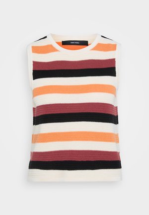 Suurte õlavarreauguga kootud topp horisontaalsete triipudega, mille värvid on oranž, koor, burgundia, must ja tumehall. Tekstureeritud kangas ümarate kaelustega.