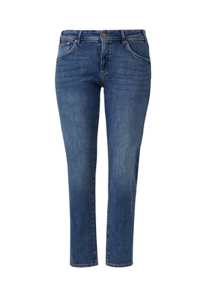 Jean en denim bleu avec une coupe droite, taille mi-haute, poches avant et des détails de couture discrets. Texture douce avec un design classique.