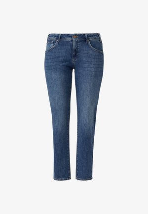 Blaue Jeans aus Denim mit geradem Schnitt, mittlerem Bund, Fronttaschen und subtilen Nähten. Weiche Textur mit klassischem Design.