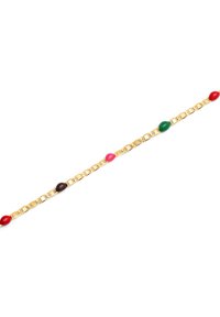 Pulsera de cadena de oro con cuentas redondas coloridas en rojo, verde, rosa y marrón, espaciadas uniformemente a lo largo de la cadena. Textura suave en toda la superficie.