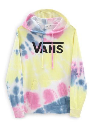Bluza z kapturem tie-dye w żółtym, różowym i niebieskim kolorze, z przednią kieszenią kangura i czarnym logo Vans na piersi.