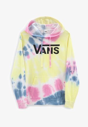 Bluza z kapturem tie-dye w żółtym, różowym i niebieskim kolorze, z przednią kieszenią kangura i czarnym logo Vans na piersi.