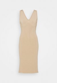 Robe midi beige ajustée sans manches avec col en V et motifs en maille texturée verticaux et triangulaires.