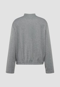 Gray pullover sweatshirt with a high collar, long sleeves, and elastic waistband. Soft fabric with a smooth texture and minimal stitching details.