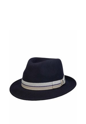 Black fedora hat with a wide brim and a beige and blue striped ribbon band around the base.