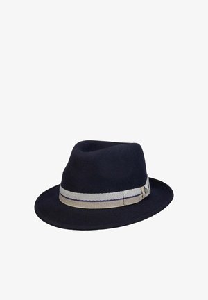 Black fedora hat with a wide brim and a beige and blue striped ribbon band around the base.