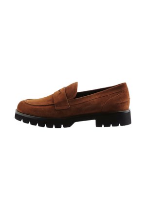 Brown suede loafers with a rounded toe and a front strap, featuring a textured black rubber sole with distinct treads.