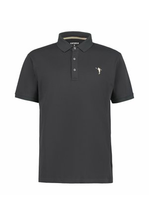 Czarna koszulka polo z krótkim rękawem, trzema guzikami i małą białą haftowaną postacią trzymającą kij na lewej piersi.