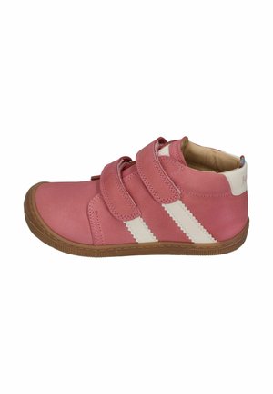 Pink leather shoe with white stripes, featuring two Velcro straps. The sole is brown rubber, and the interior has a light tan lining.