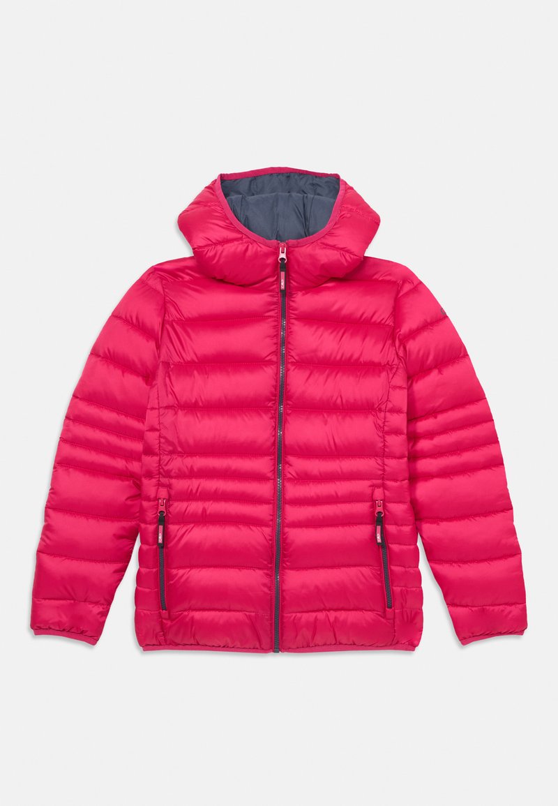 Padded jacket in bright pink, featuring a high collar and full front zipper. Two side zippered pockets with contrasting dark blue lining.