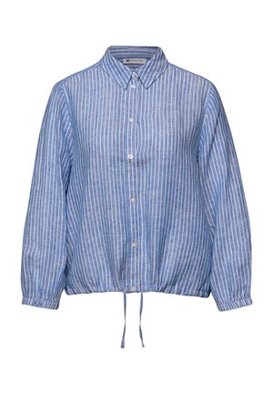 Blusa a maniche lunghe a righe verticali blu e bianche con collo, bottoni sul davanti, polsini elasticizzati e orlo con coulisse.