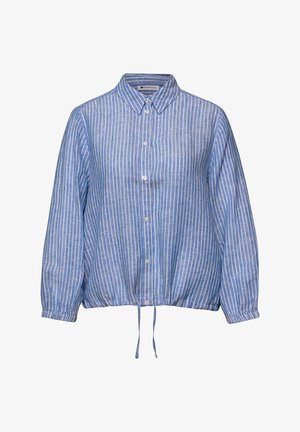 Blusa a maniche lunghe a righe verticali blu e bianche con collo, bottoni sul davanti, polsini elasticizzati e orlo con coulisse.