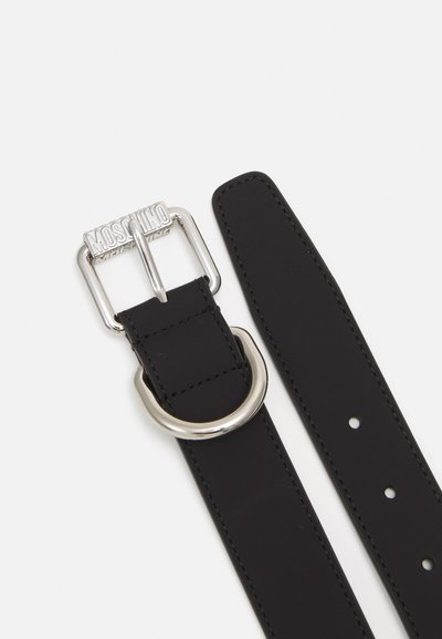 Black leather belt with a silver double-prong buckle featuring "MOSCHINO" branding, designed with holes for size adjustment and smooth texture.