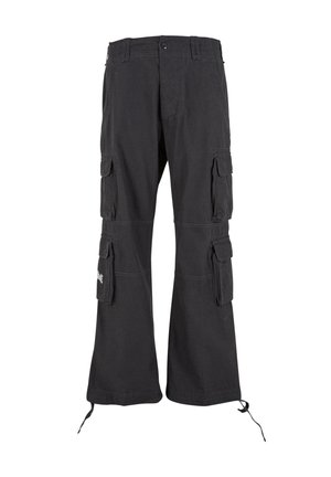 Pantaloni cargo negri din bumbac, cu mai multe buzunare laterale, croială dreaptă și șnururi ajustabile la bărbie.