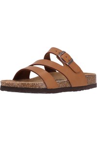 Sandales en cuir marron avec trois lanières croisées, boucle métallique ajustable, semelle en liège et semelle en caoutchouc texturé.