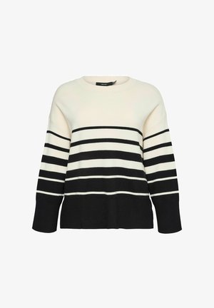 Schwarzer und weißer gestreifter Pullover mit rundem Ausschnitt, langen Ärmeln und lockerer Passform. Weicher Stoff mit kontrastierenden horizontalen Streifen.