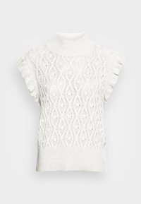 Haut blanc en tricot avec un col montant, des manches courtes volantées et un motif texturé en losanges sur toute la surface. Matière légère.