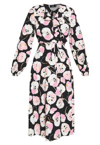 Blommig midiklänning i svart tyg med vita och rosa blommönster, långa ärmar, volangkrage och ett knytbart midjebälte.