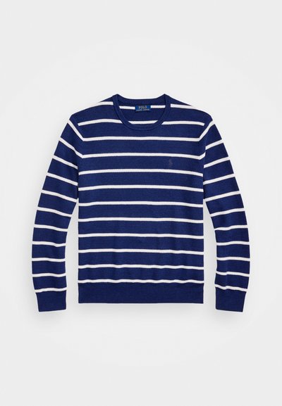 Navy sweater with horizontal white stripes, crew neckline, long sleeves, and ribbed cuffs and hem. Made of knitted fabric with subtle texture.