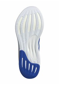 Shoe outsole with a white upper, blue accents, and textured grip patterns. Features grooves for traction and flexibility.