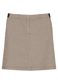 Ruskean ja kermaisen ruudukon kanssa suora leikkaus, kangasvyötärö ja mustat yksityiskohdat, joissa on kaksi etutaskua ja sileä rakenne.