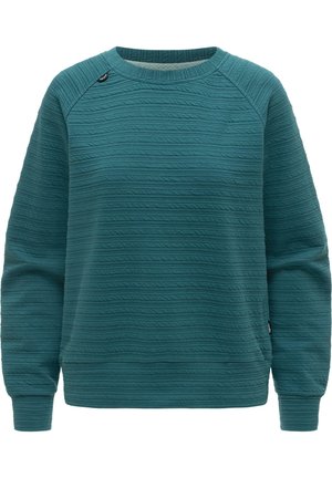 Teglblå langærmet sweatshirt med rund hals, horisontale teksturerede striber og små logomærker på skulder og sidesøm.