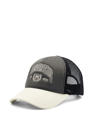 Baseballpet met donkergrijze voorkant, witte gebogen klep, zwarte mesh achterkant en witte geborduurde tekst en embleem op het voorpaneel.