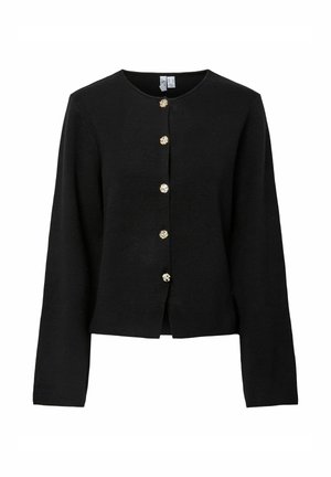 Cardigan nero con maniche lunghe, scollo rotondo e chiusura con sei bottoni caratterizzati da dettagli dorati. Tessuto morbido con una texture liscia.