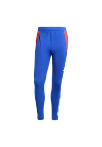 Blauwe sportlegging met een stretchy pasvorm, voorzien van rode zijpanelen en witte logo-accenten. Glad van textuur, elastische tailleband.