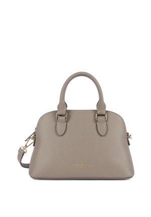 Sac à main en cuir taupe avec deux poignées, ferrures dorées, bandoulière amovible et "Lancaster Paris" embossé en or sur le devant.