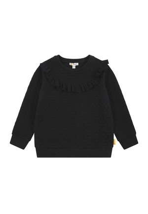 Schwarzer Pullover mit strukturiertem Material, Rundhalsausschnitt und Rüsche entlang des Ausschnitts. Rippbündchen an den Ärmeln und am Saum. Etikett an der Seite.