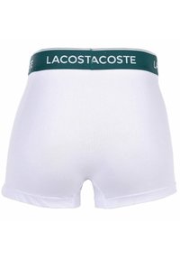 Vita boxershorts med en grön elastisk midjeband med "LACOSTE"-logotyp i vitt. Slät tyg, klassisk form, inga ytterligare mönster.