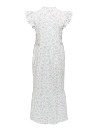 Robe midi blanche avec petit imprimé floral bleu et vert, manches courtes volantées, col montant et ourlet à volants.