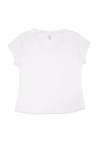 Biała koszulka z krótkim rękawem i dekoltem w serek. Wykonana z miękkiej bawełny, lekko zaokrąglony dół, a metka widoczna u dekoltu. Prosty i klasyczny design.