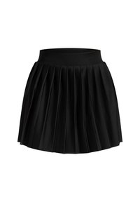 Zwarte plooienrok van soepele stof, met een brede elastische tailleband en scherpe, gelijkmatige plooien door het ontwerp.