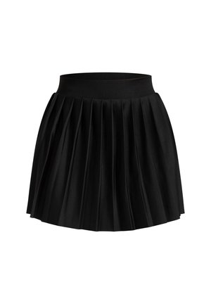 Gonna nera plissettata realizzata in tessuto morbido, con una ampia cintura elastica e pieghe nette e uniformi su tutto il design.
