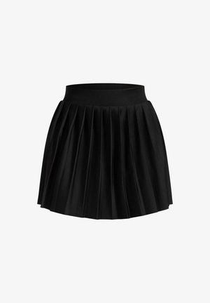 Schwarzer plissierter Rock aus glattem Stoff, mit einem breiten elastischen Bund und scharfen, gleichmäßigen Falten im gesamten Design.
