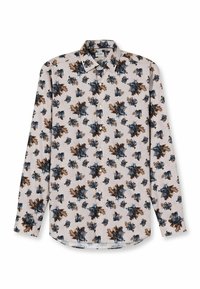 Langärmliges Hemd aus leichtem Stoff. Mit floralem Muster in Blau- und Brauntönen auf hellem Hintergrund. Durchgehende Knopfleiste vorne.