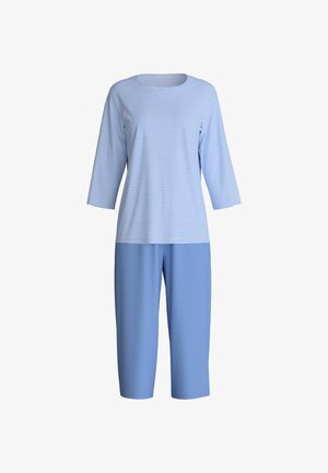 Blauw gestreepte drie-kwart mouwtop gecombineerd met effen lichtblauwe capri-broeken. Zachte stof met een losse pasvorm en zonder zichtbare hardware.
