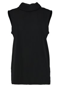 Sort ærmeløs top med høj krave, lavet af et glat, tekstureret stof. Enkel design uden synlige mønstre eller detaljer.