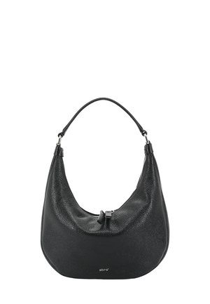 Black textured leather shoulder bag with top zipper and single strap, small silver "abro" logo at bottom center.
