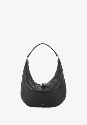 Black textured leather shoulder bag with top zipper and single strap, small silver "abro" logo at bottom center.