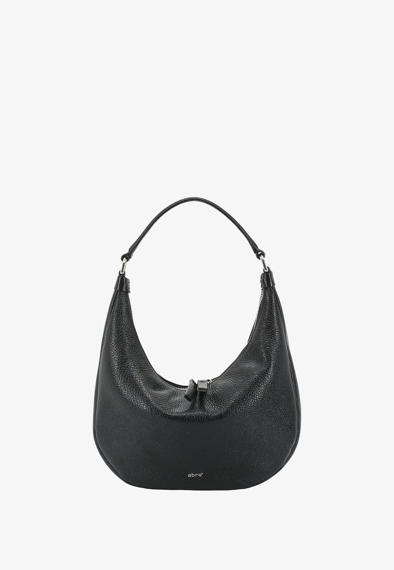 Black textured leather shoulder bag with top zipper and single strap, small silver "abro" logo at bottom center.