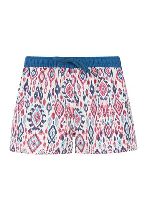 Raižyti šortai su mėlynu elastingu juosmeniu ir raišteliu, papuošti daugiakomponentėmis geometrinėmis dekoracijomis šviesiame fone.