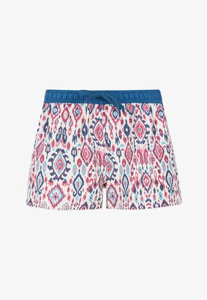 Spodenki wzorzyste z niebieskim elastycznym pasem z sznurkiem, ozdobione wielokolorowymi geometrycznymi wzorami na jasnym tle.