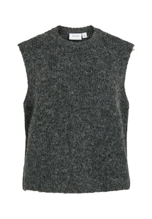 Pletený tmavě šedý svetřík bez rukávů s texturovaným povrchem, kulatým výstřihem a neupravenými okraji u průramků a spodního lemu. Viditeln�á značka značky.