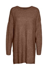 Brązowy sweter dziany z długimi rękawami, szerokim okrągłym dekoltem i luźnym krojem. Miękka tekstura z delikatnym wzorem na całej powierzchni.