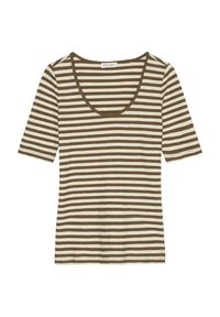Pruhované tričko v béžové a hnědé barvě. Má kulatý výstřih a krátké rukávy. Je vyrobeno z měkké látky s hladkým povrchem.